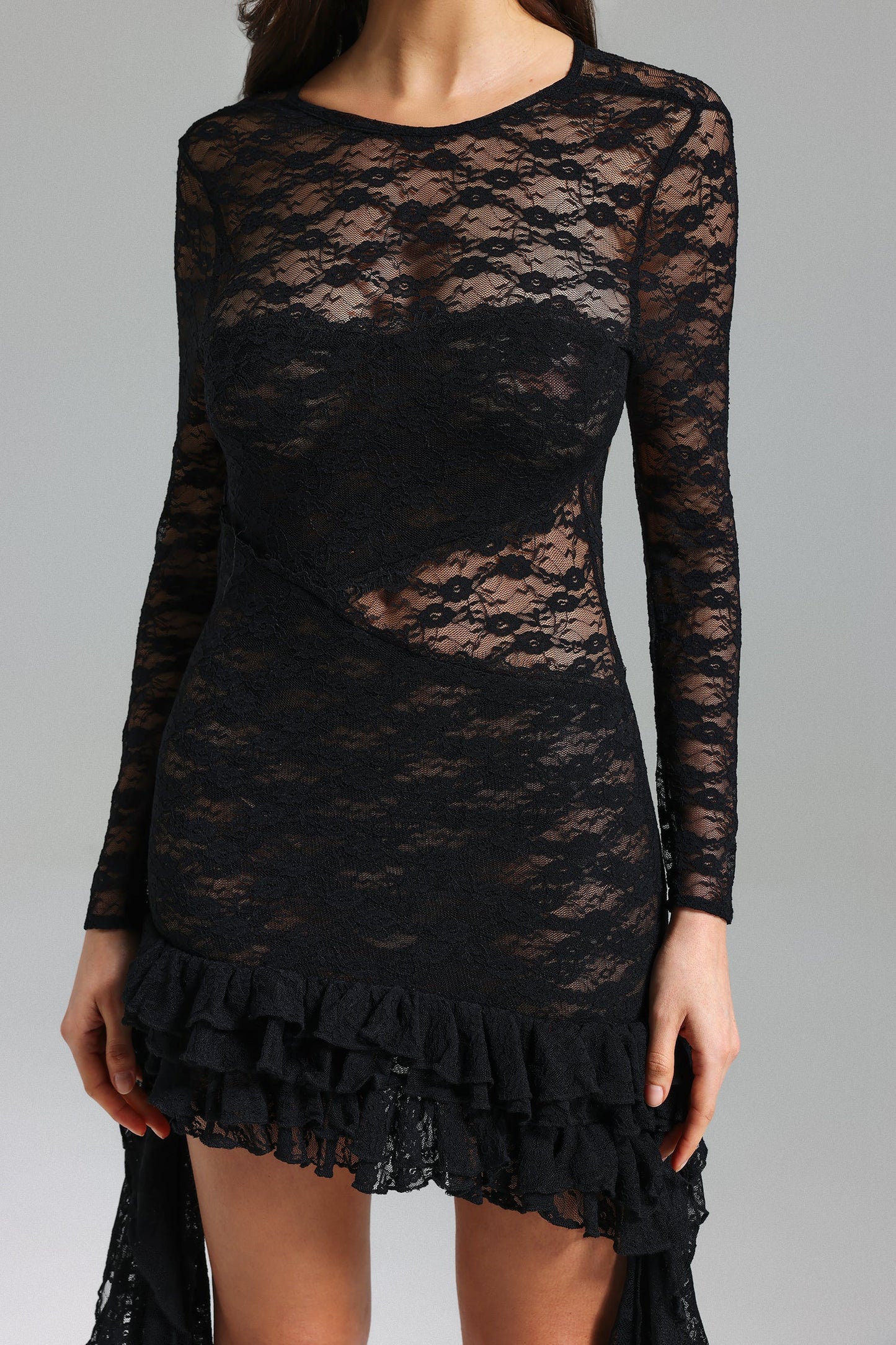 DALIA - Edeline Lace Asymmetrical Hem Mini Dress