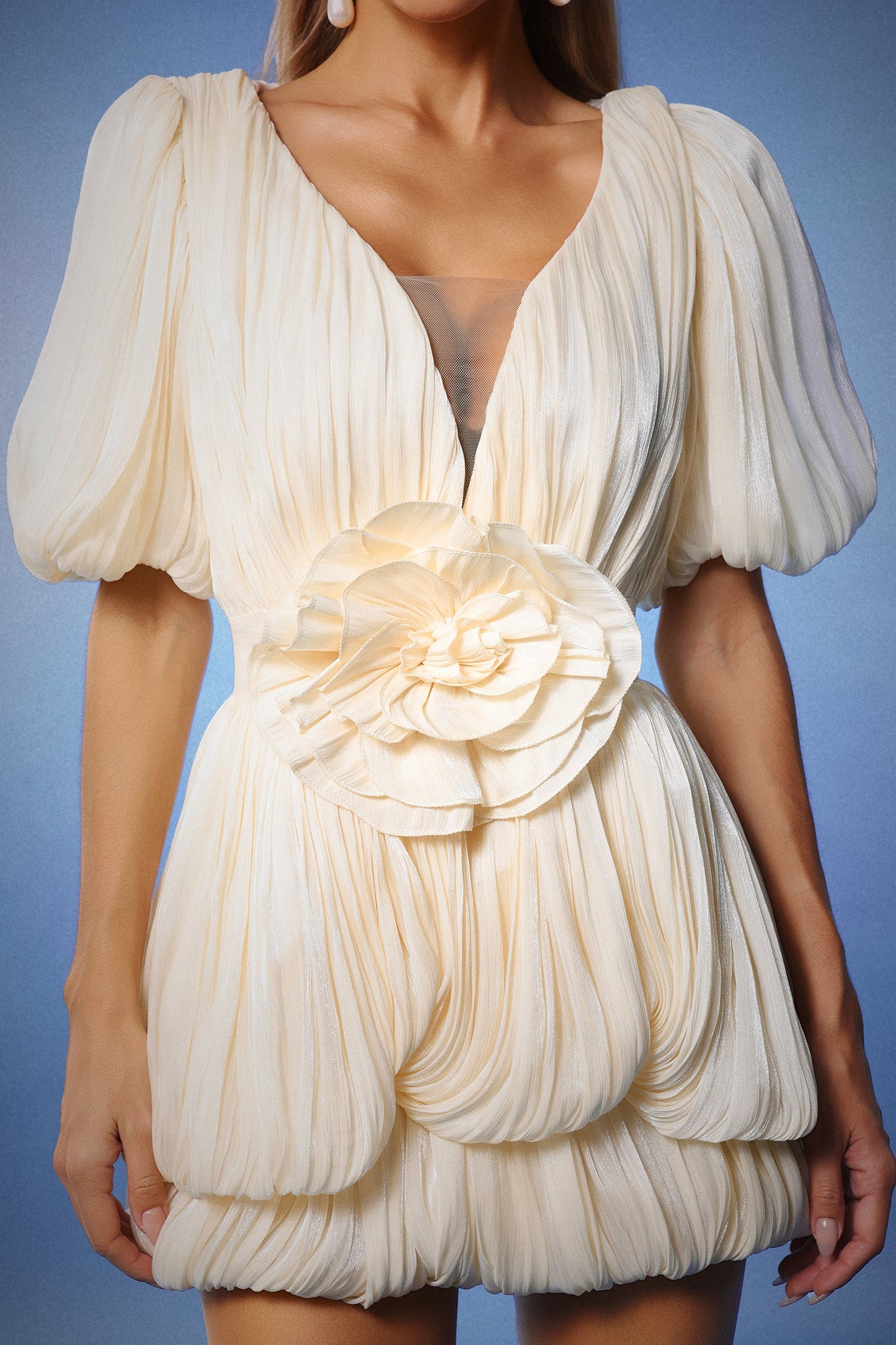 DALIA - Matalin Deep-V Short Sleeves Flowers Mini Dress