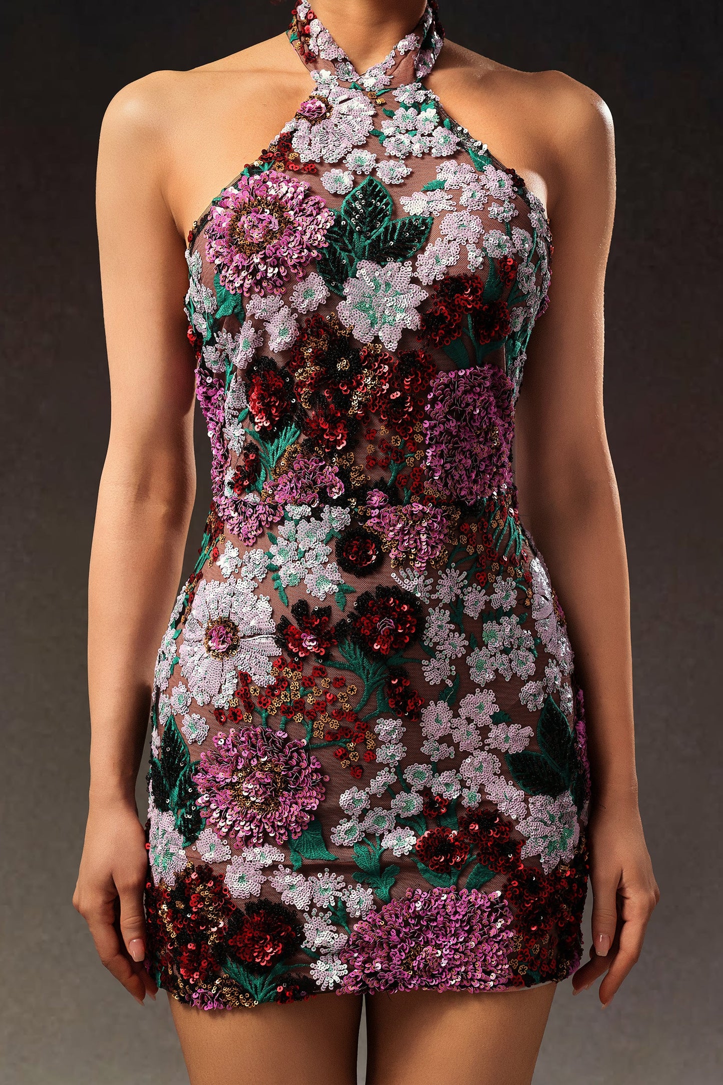 DALIA - Polasa Halter Sleeveless Sequins Flower Mini Dress
