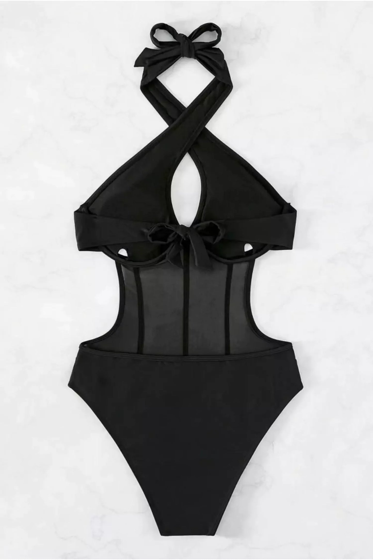 DALIA - Halter Mesh One Piece Swimwear In Black
