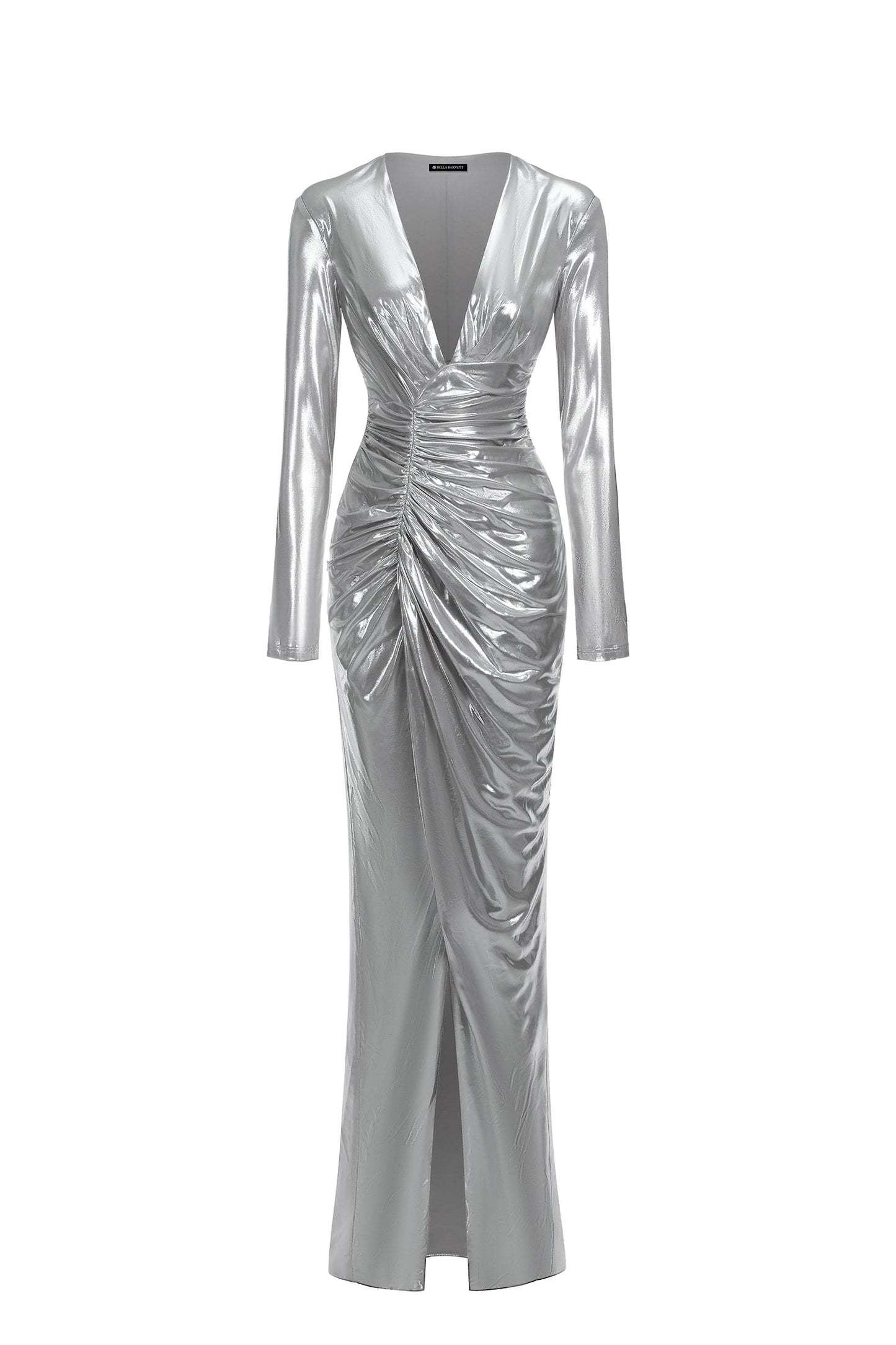 DALIA - Deep V Silver Shirr Maxi Dress