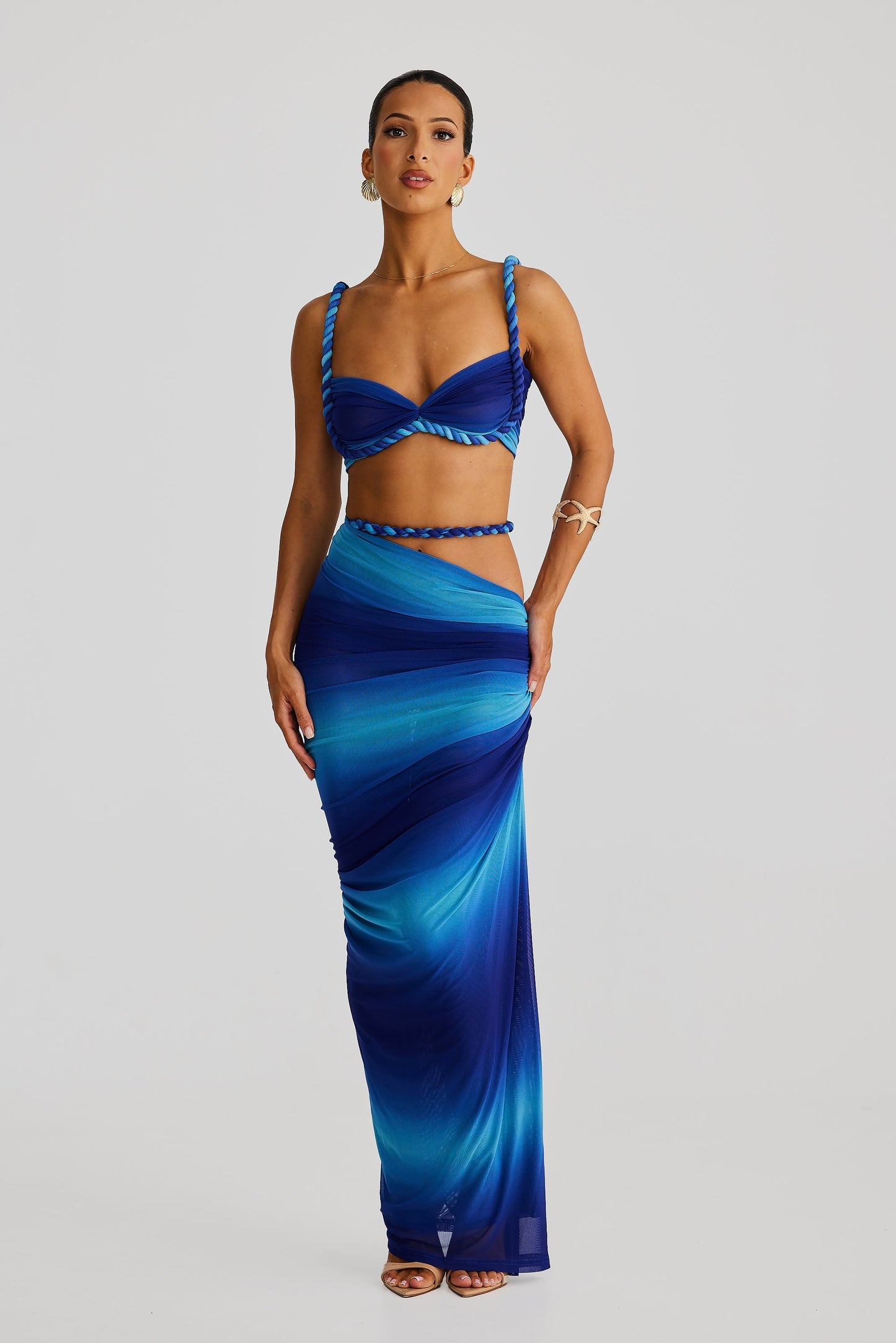 DALIA - Swimsuit Braided Suspender Top Slit Skirt Set In Blue