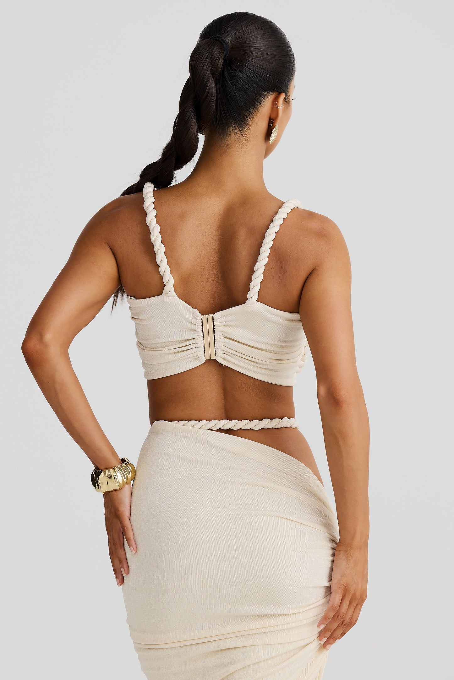 DALIA - Swimsuit Braided Suspender Top Slit Skirt Set In Apricot