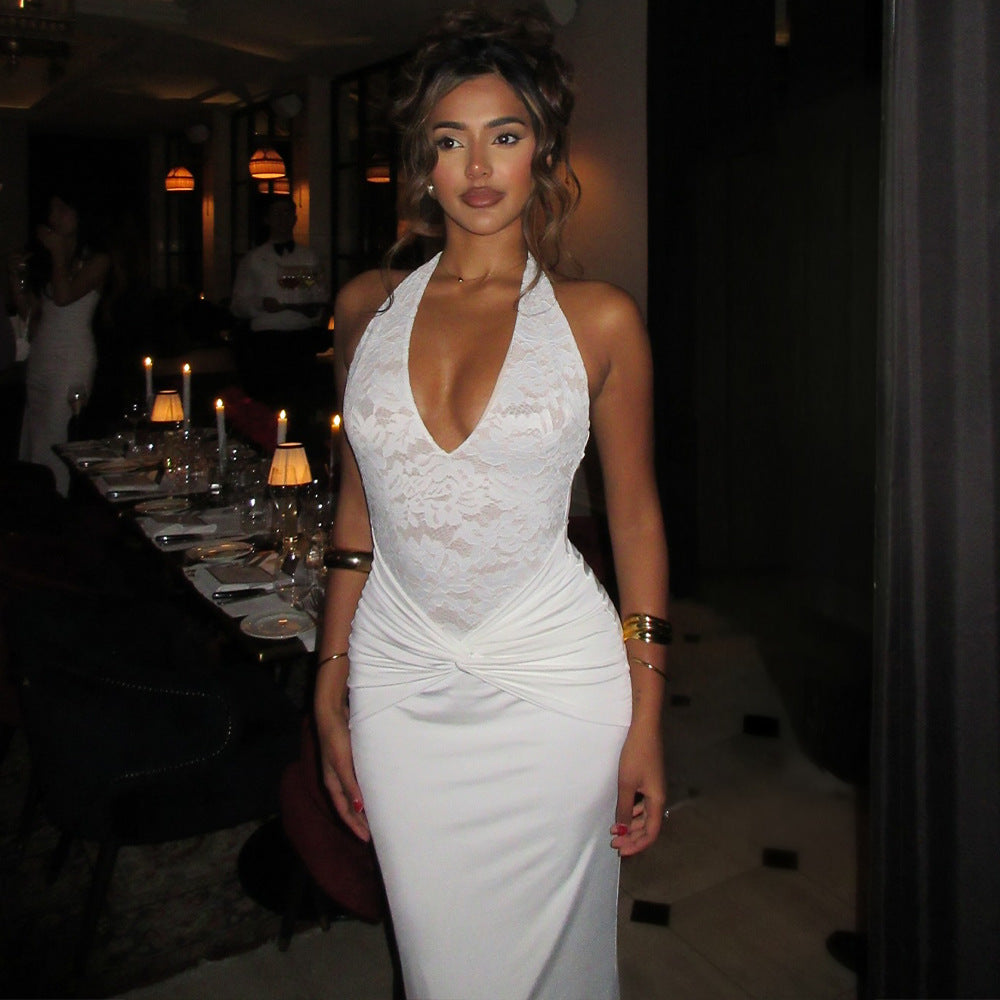 DALIA - Dinner Party Exquisite Lace Halter Maxi Dress