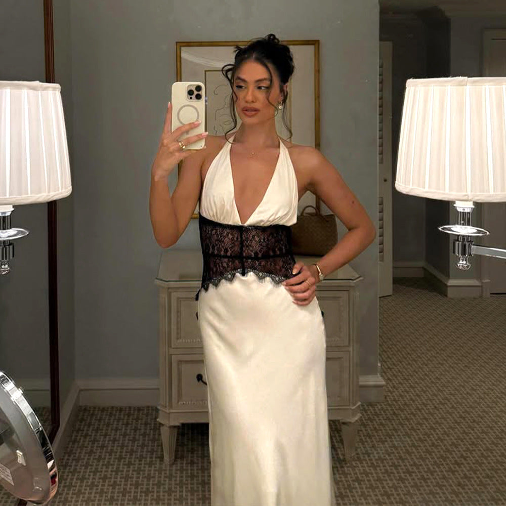 DALIA - Dinner Elegant Lace - Paneled Halter Maxi Dress - White