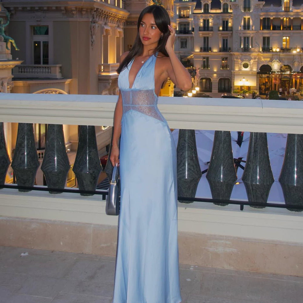DALIA - Dinner Elegant Lace - Paneled Halter Maxi Dress - Blue