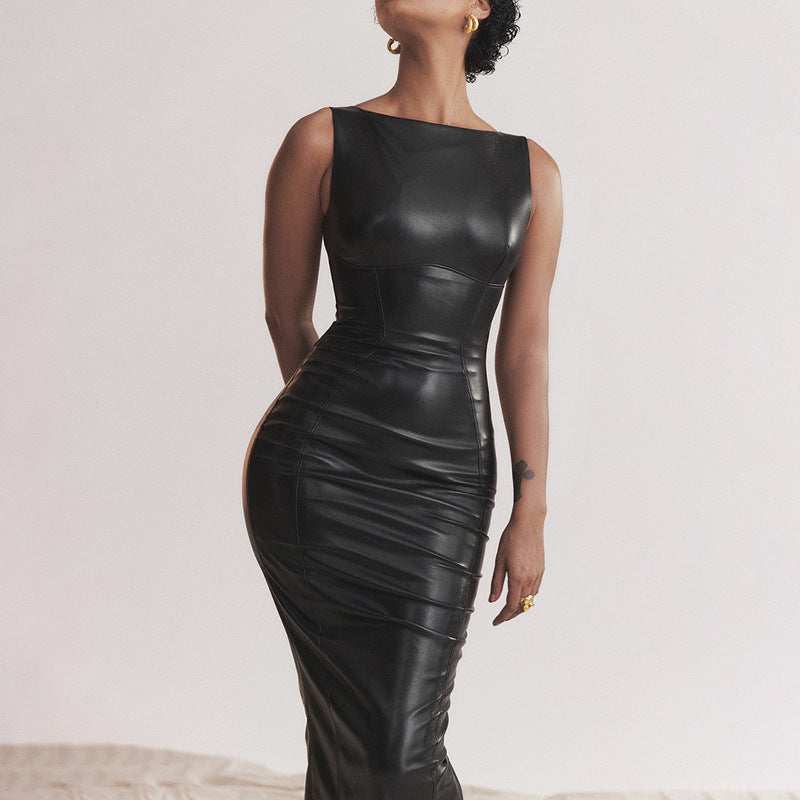 DALIA - Modern Black Leather Dress