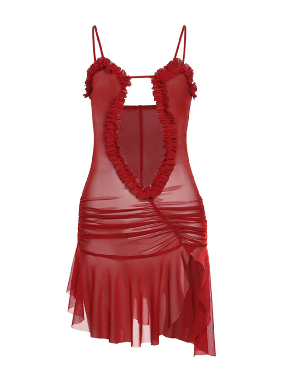 DALIA - Ruched Printed Mesh Dress - Red