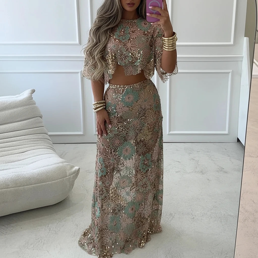 DALIA - Ibiza Flower Sequin Set Long- Pink & Green