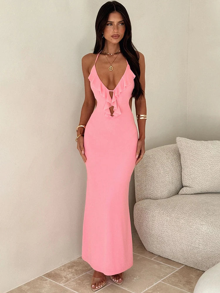 DALIA - Elegant Ruffle Cut-Out Maxi Dress Pink