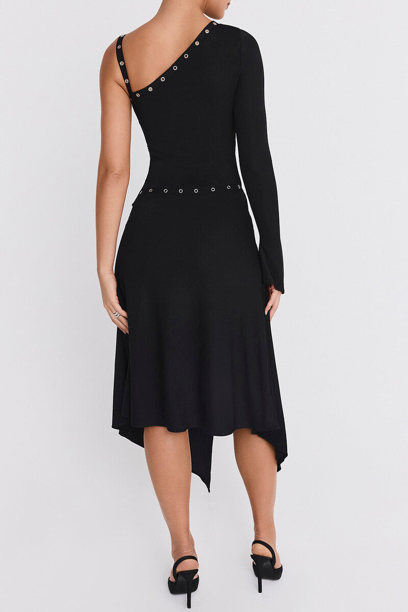 DALIA - Black Eyelet Trim Midi Skirt