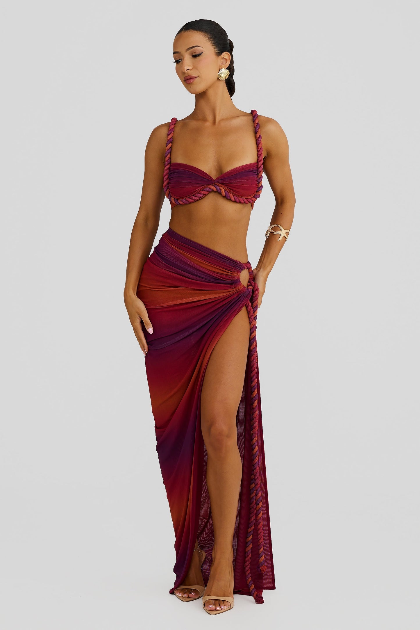 DALIA - Swimsuit Braided Suspender Top Slit Skirt Set In Wine Red