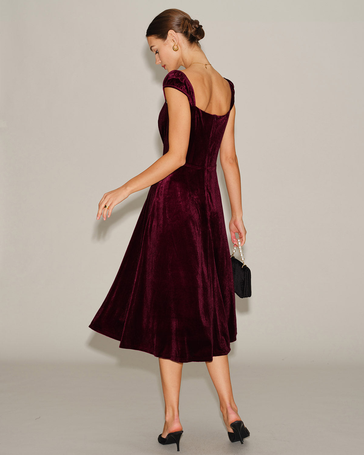 Red Velour Sweetheart Neck Midi Dress