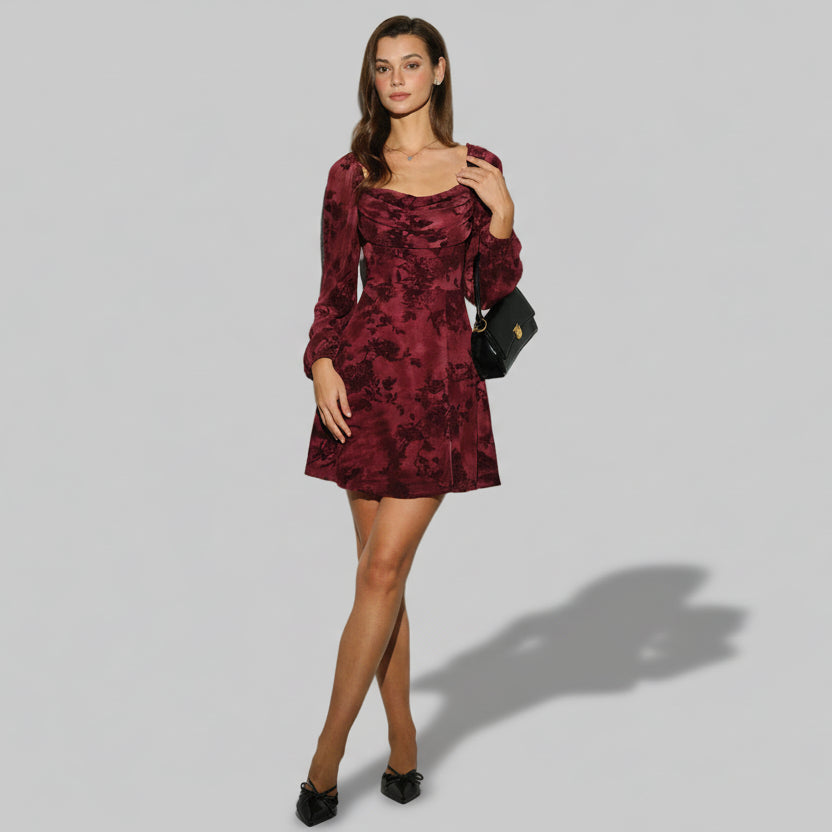 DALIA - Wijnrode mini-jurk met colkraag en bloemenprint