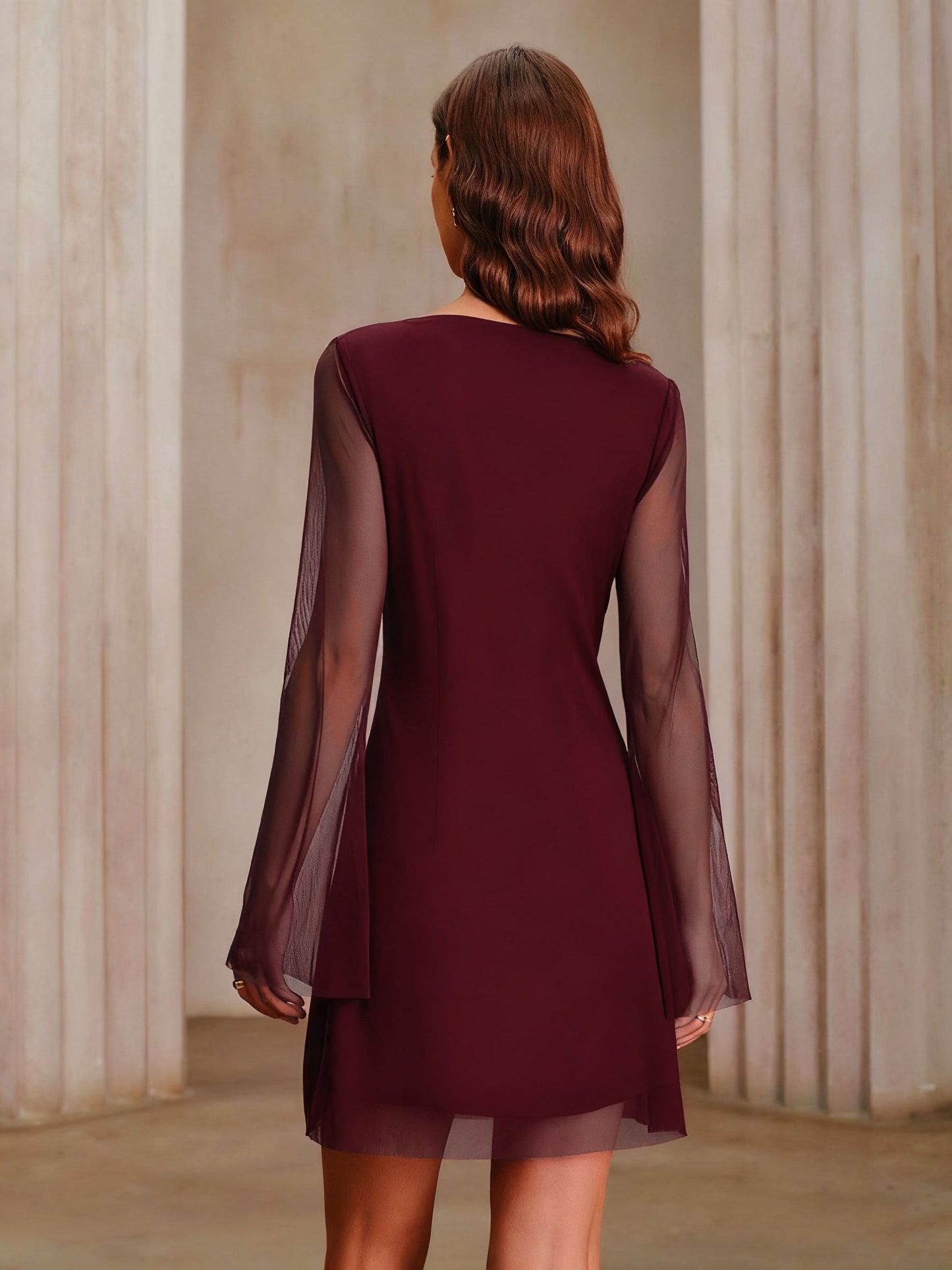 DALIA - Wine Red Boat Neck Mesh Mini Dress