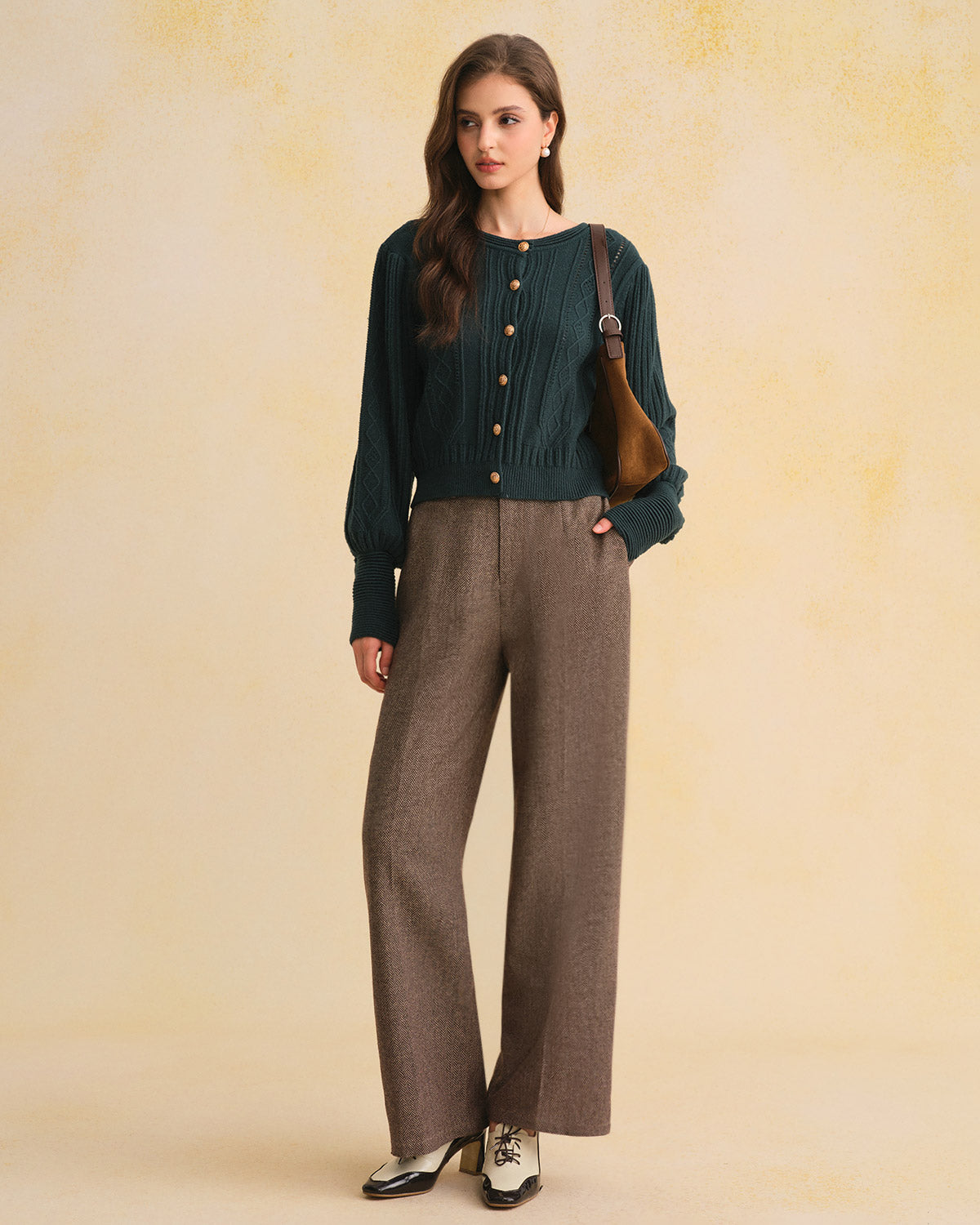 DALIA - Groen retro gebreid vest met lantaarnmouwen