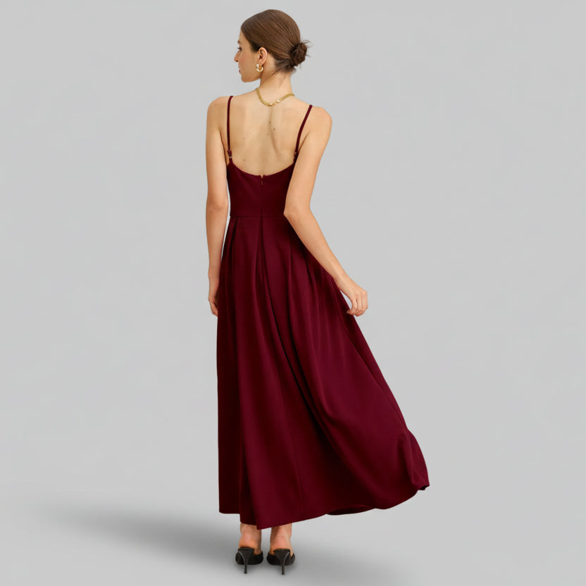 DALIA - Wijnrode geplooide slip maxi-jurk