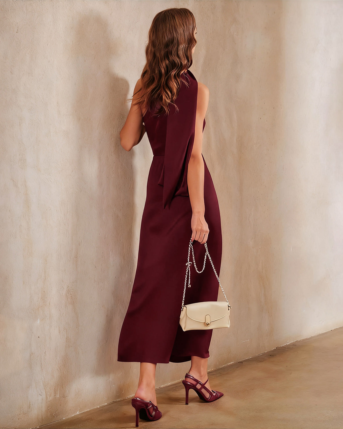 Wine Red Satin One Shoulder Maxi Dress