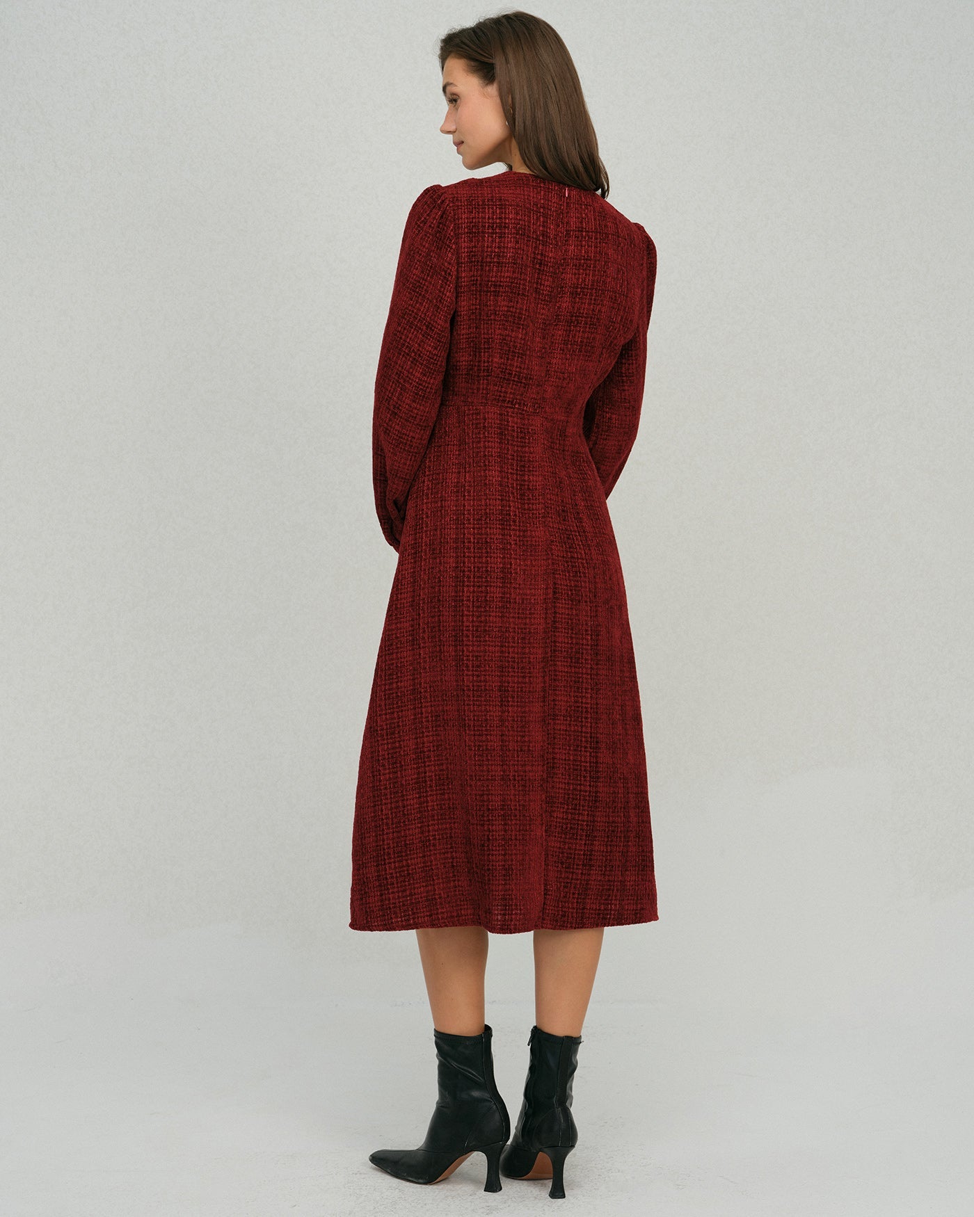 DALIA - Midi-jurk met rode lantaarnmouwen en A-lijn model