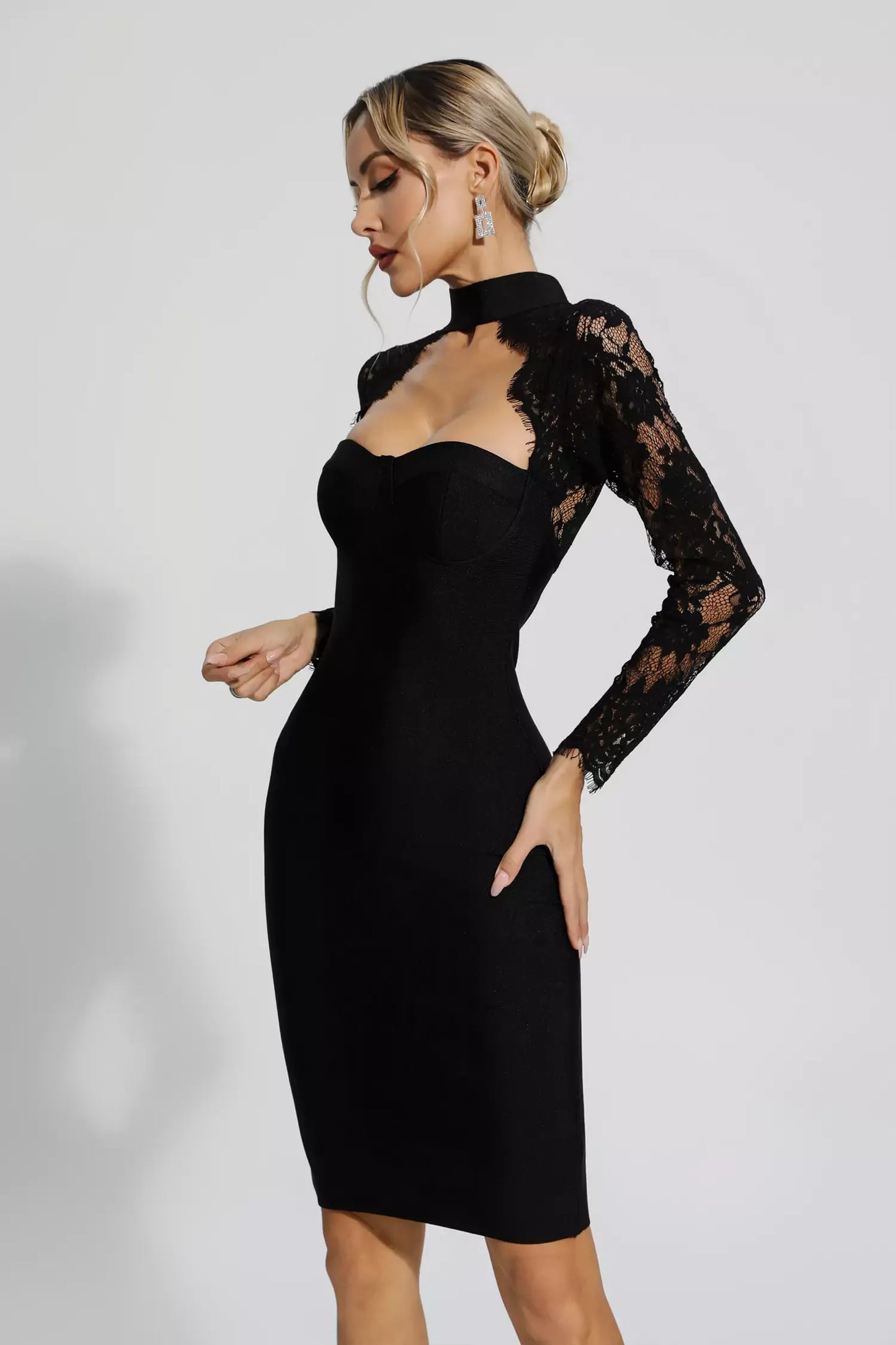 DALIA - Lace Sleeve Bandage Dress In Black