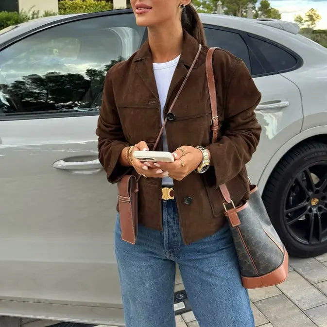 DALIA - Retro 'Old Money' Suede Short Jacket - Thick Brown