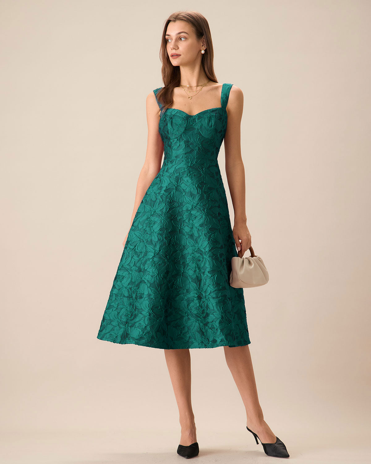 DALIA - Groene midi-jurk met sweetheart-halslijn en jacquardstof