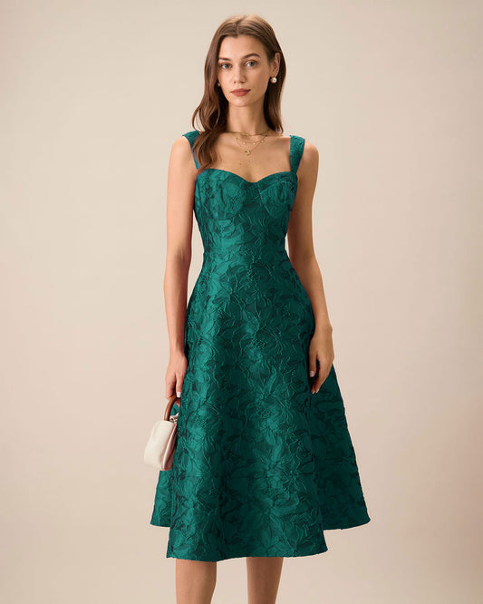 DALIA - Groene midi-jurk met sweetheart-halslijn en jacquardstof