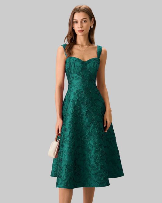 DALIA - Green Sweetheart Neck Jacquard Midi Dress