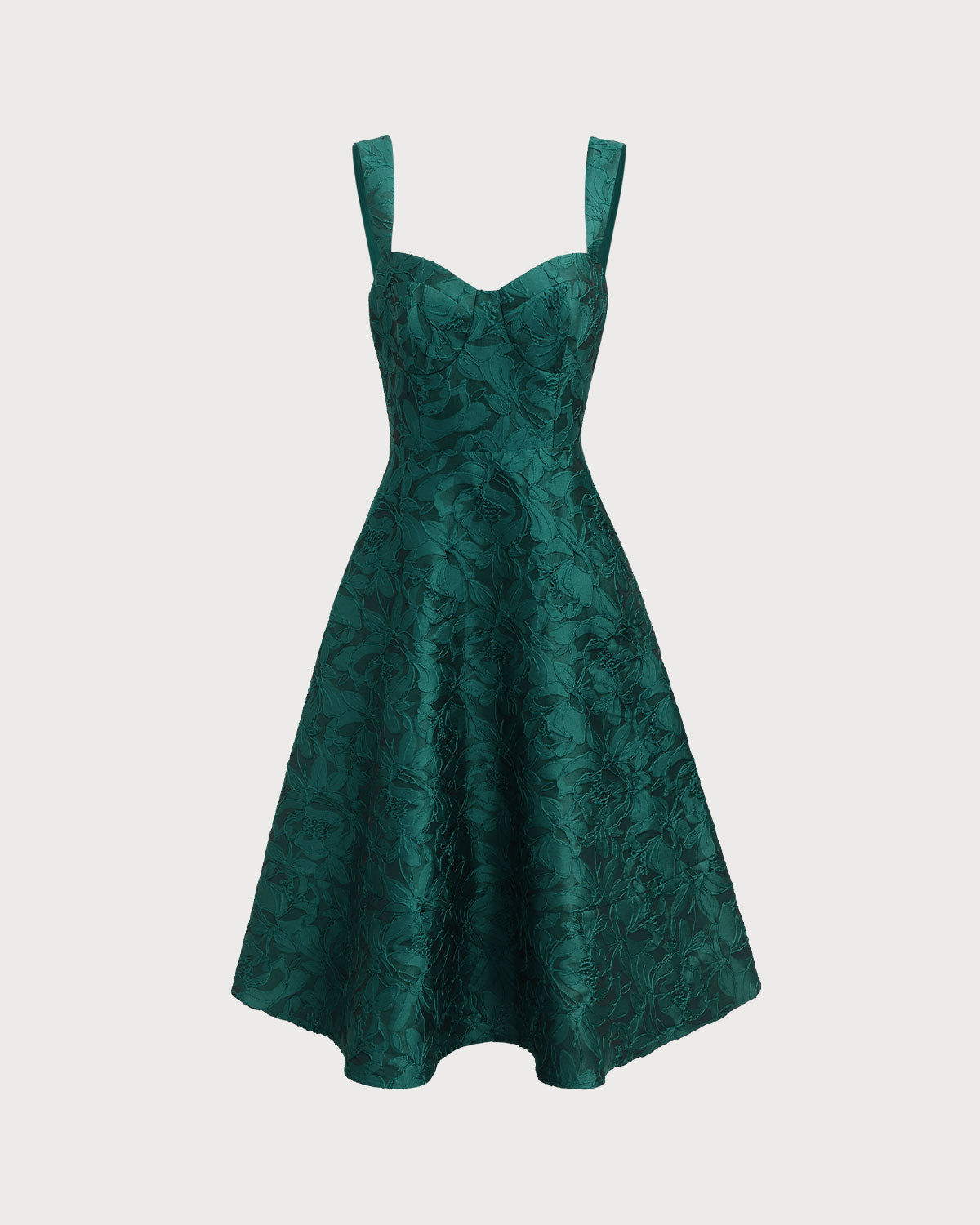 DALIA - Groene midi-jurk met sweetheart-halslijn en jacquardstof