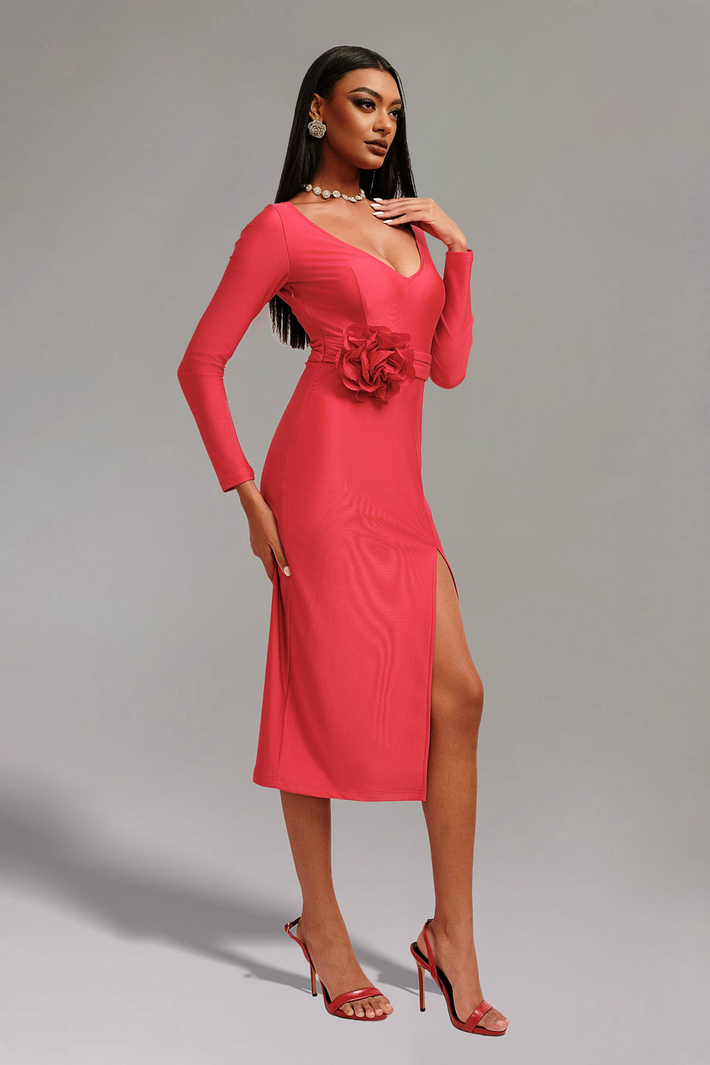 DALIA - Halli V Neck Midi Dress - Red