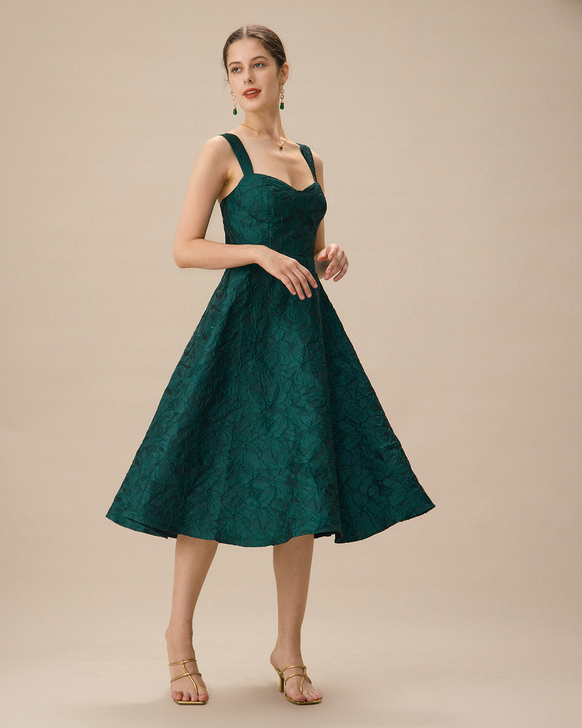 DALIA - Groene midi-jurk met sweetheart-halslijn en jacquardstof