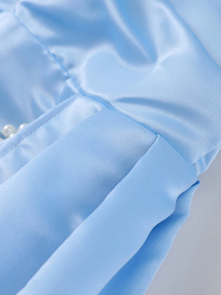 DALIA - Satin Pearl Chain Strapless Dress