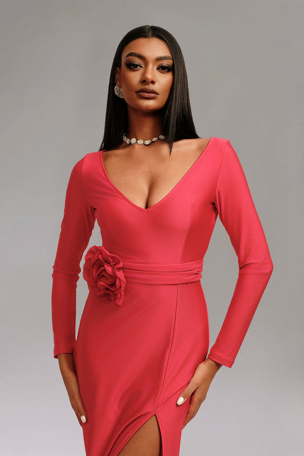 DALIA - Halli V Neck Midi Dress - Red