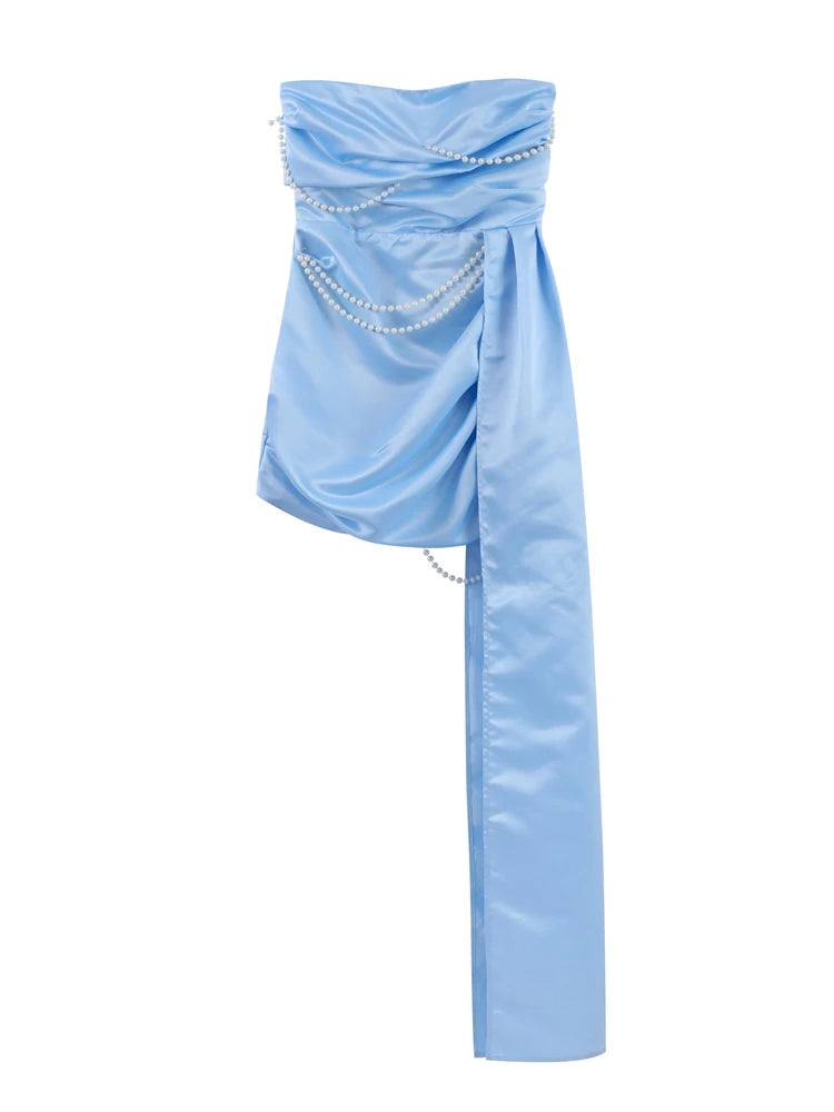DALIA - Satin Pearl Chain Strapless Dress