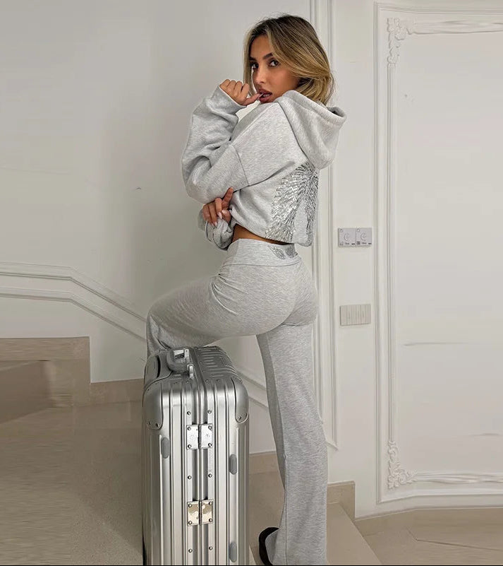 DALIA - Sequined Wings Hooded Pants Sets