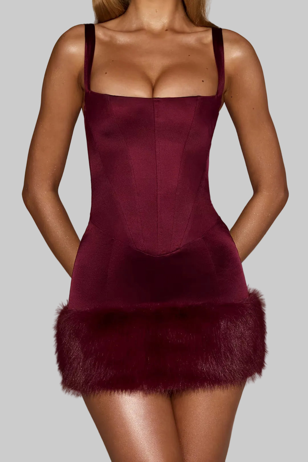 DALIA- Faux-Fur Trim Corset Mini Dress