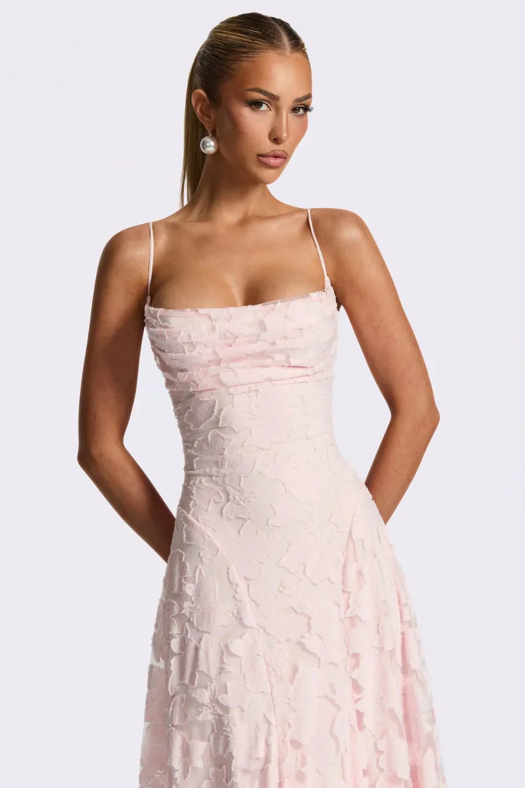DALIA - Elegant Floral Lace Maxi Dress – Wedding Guest, Prom & Evening Dress - Pink