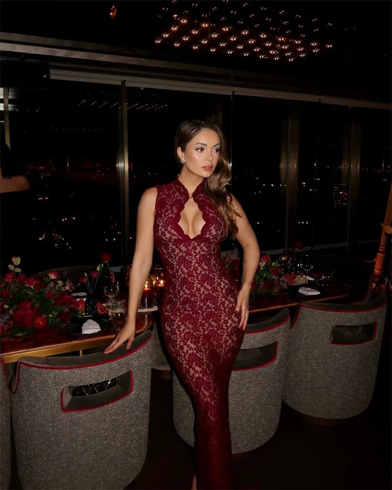 DALIA - Romantic Lace Bodycon Maxi Dress - Red