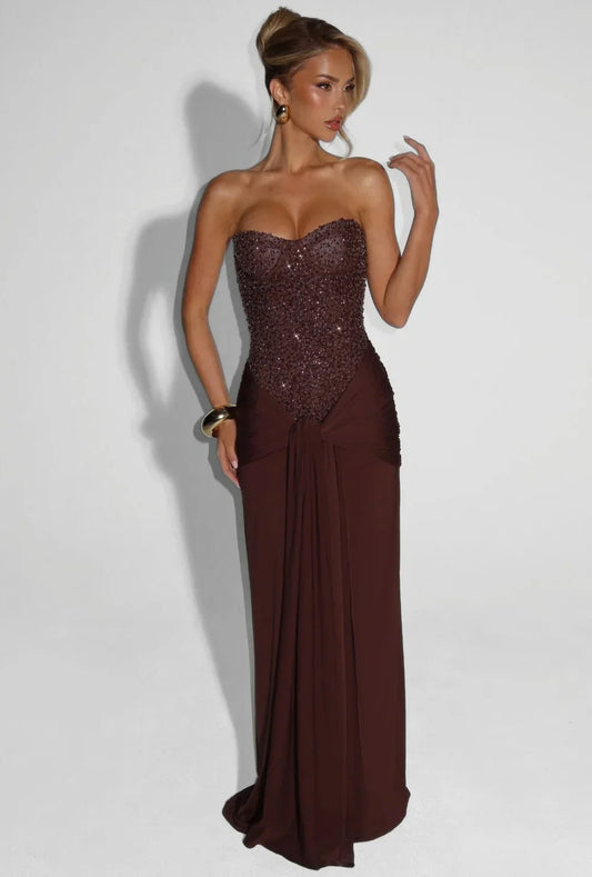 DALIA - Elegant Strapless Evening Gown - Brown
