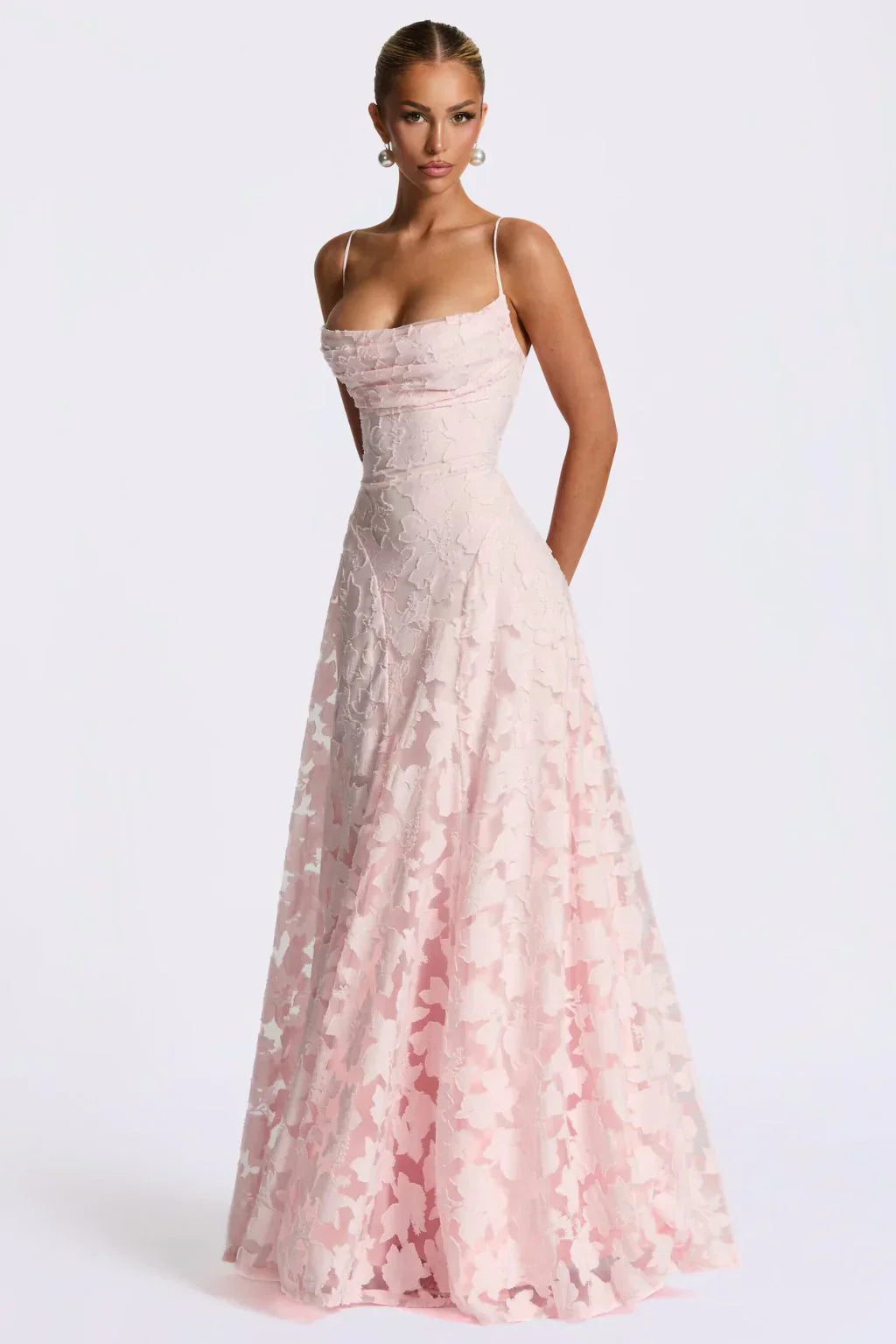 DALIA - Elegant Floral Lace Maxi Dress – Wedding Guest, Prom & Evening Dress - Pink