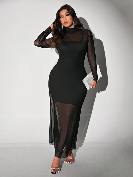 Viva Relle Plus Size Gebreide Mesh Sexy Spaghettibandjes Hoge Hals Doorschijnende Set van 2 Stuks