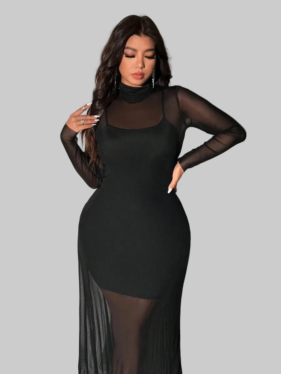 Viva Relle Plus Size Gebreide Mesh Sexy Spaghettibandjes Hoge Hals Doorschijnende Set van 2 Stuks