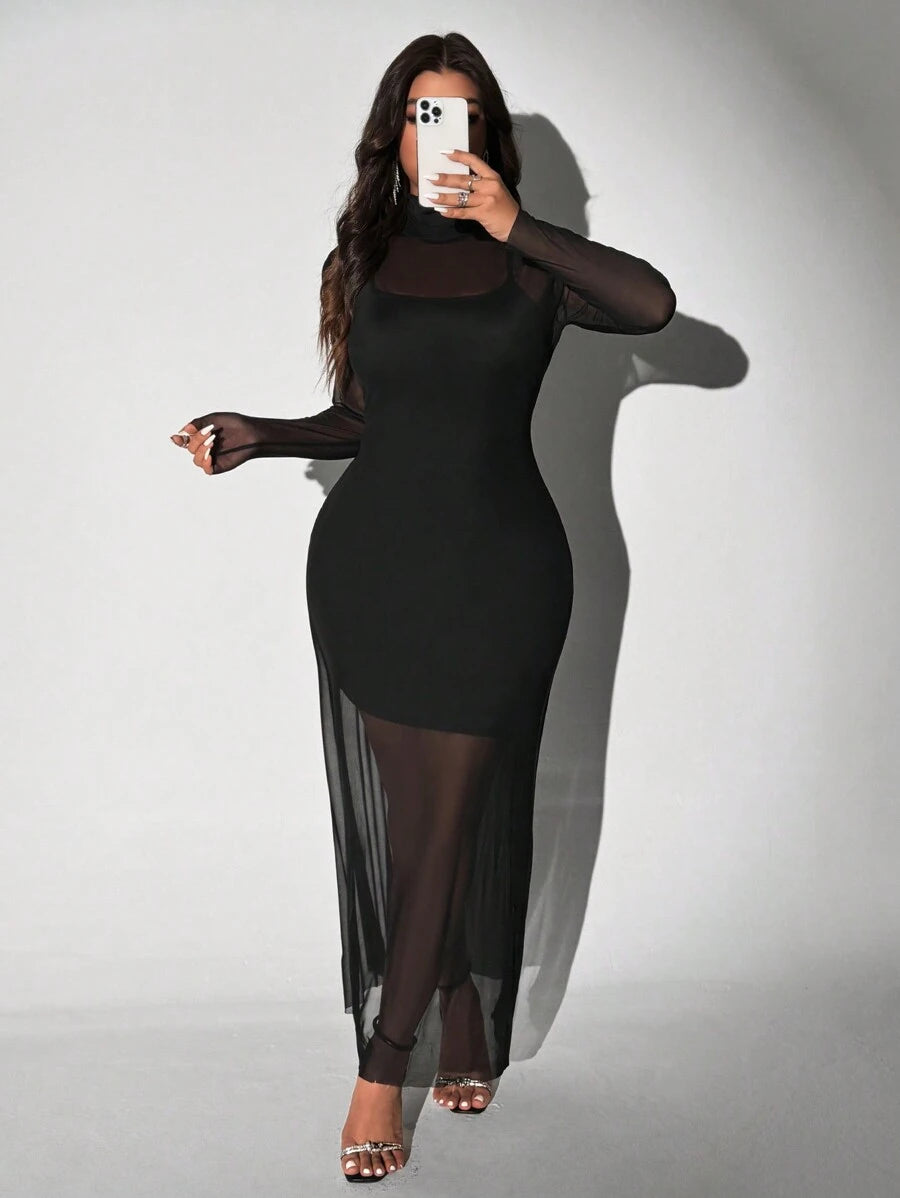 Viva Relle Plus Size Gebreide Mesh Sexy Spaghettibandjes Hoge Hals Doorschijnende Set van 2 Stuks