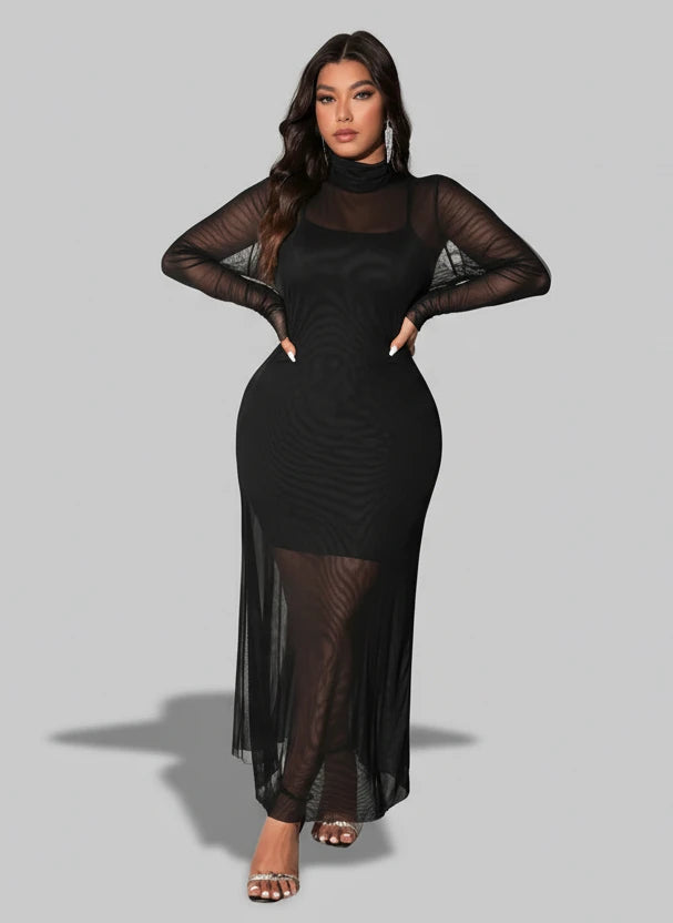 Viva Relle Plus Size Gebreide Mesh Sexy Spaghettibandjes Hoge Hals Doorschijnende Set van 2 Stuks