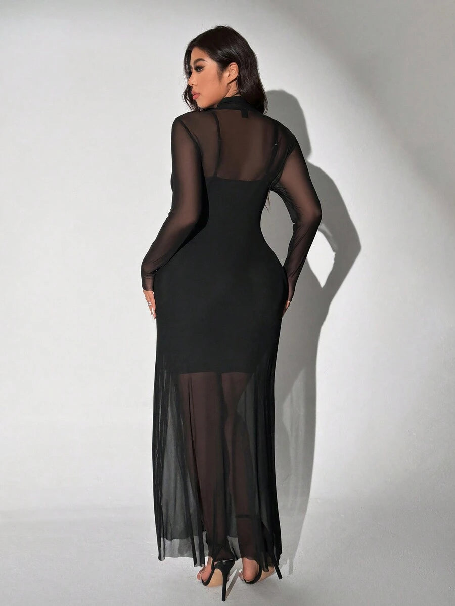 Viva Relle Plus Size Gebreide Mesh Sexy Spaghettibandjes Hoge Hals Doorschijnende Set van 2 Stuks