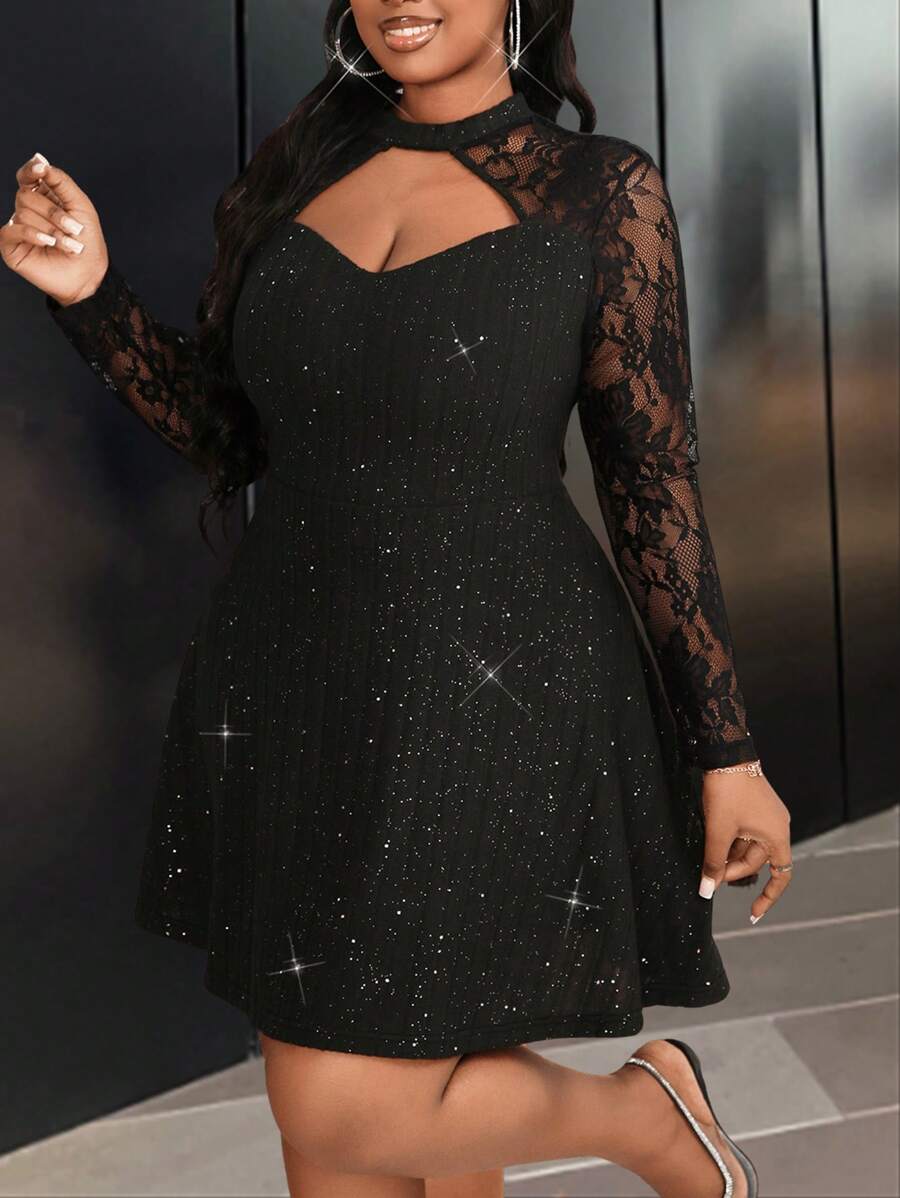 Slaydiva Plus Size Vrouwen Elegante Sexy Date & Party & Gathering Getailleerde Sequin Kraag Uitgeholde Rib Splice Kant Lange Mouw Jurk, Lente Herfst