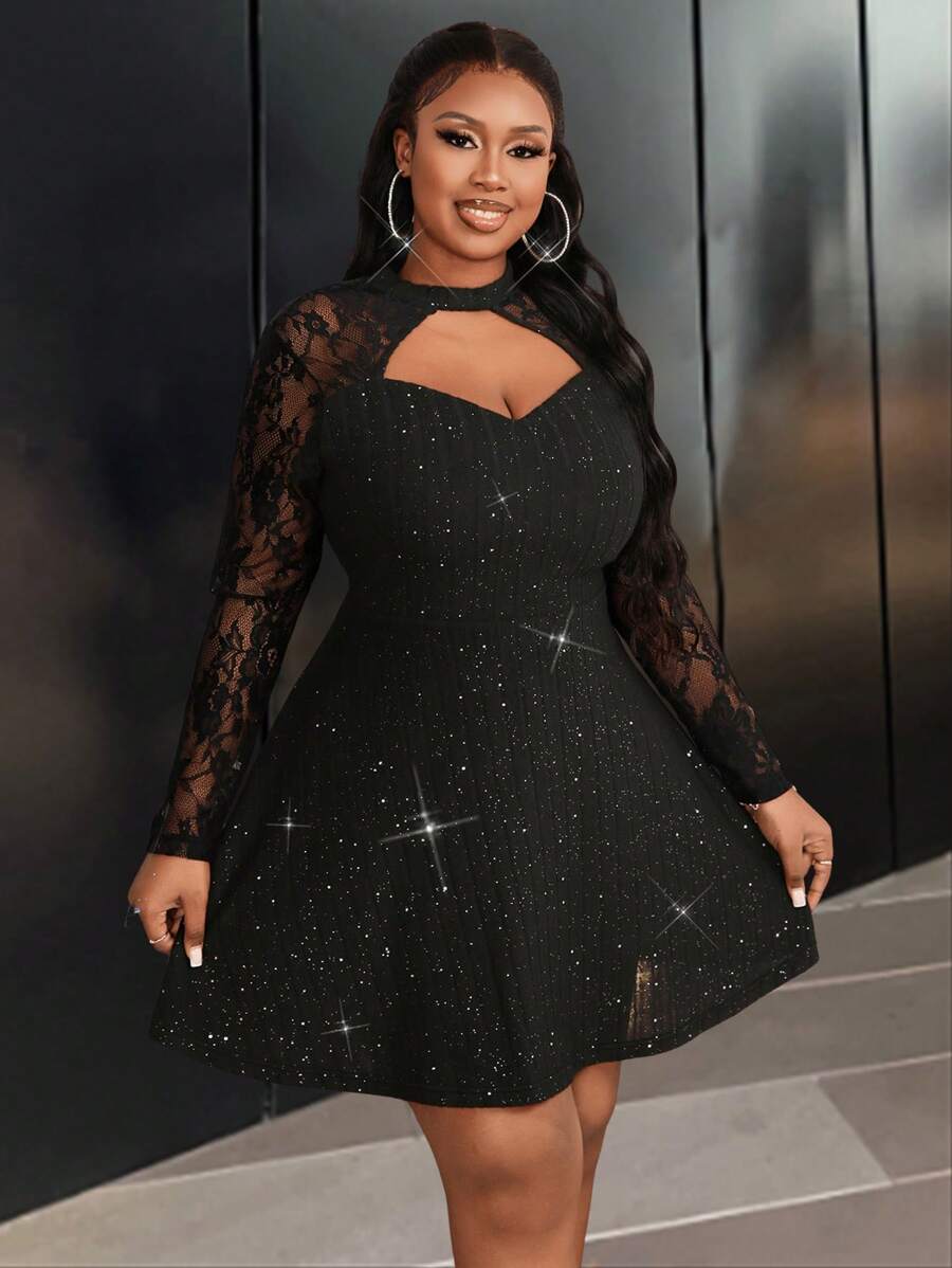 Slaydiva Plus Size Vrouwen Elegante Sexy Date & Party & Gathering Getailleerde Sequin Kraag Uitgeholde Rib Splice Kant Lange Mouw Jurk, Lente Herfst