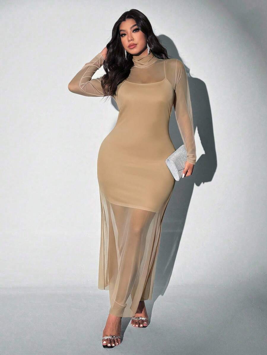 Viva Relle Plus Size Gebreide Mesh Sexy Spaghettibandjes Hoge Hals Doorschijnende Set van 2 Stuks