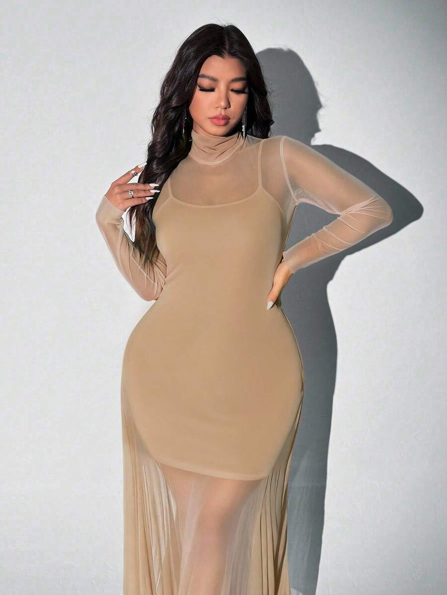 Viva Relle Plus Size Gebreide Mesh Sexy Spaghettibandjes Hoge Hals Doorschijnende Set van 2 Stuks