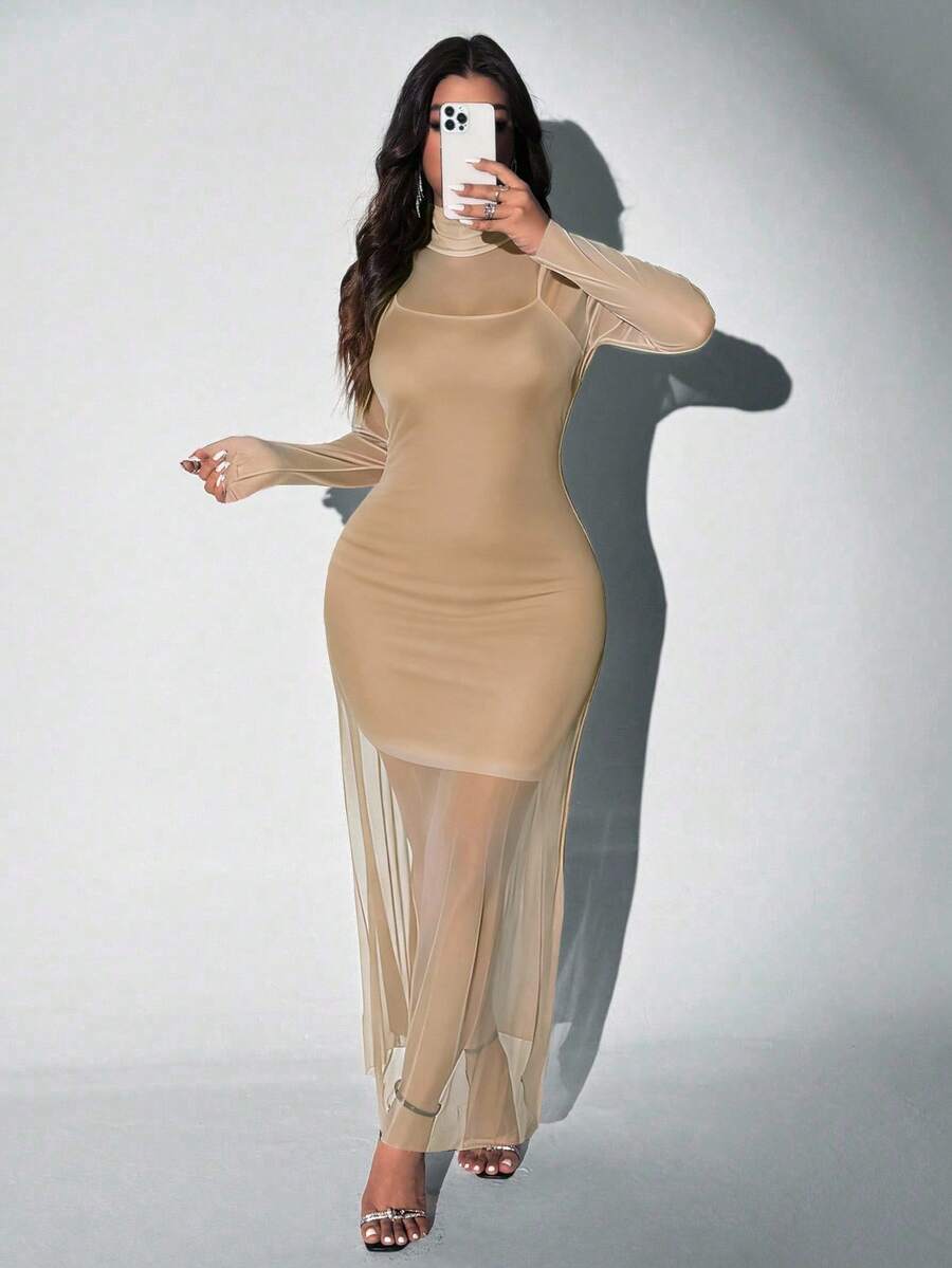 Viva Relle Plus Size Gebreide Mesh Sexy Spaghettibandjes Hoge Hals Doorschijnende Set van 2 Stuks